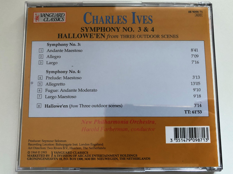 Charles Ives - Symphony No. 3, 4 & Hallowe'en from Three Outdoor Scenes - New Philharmonia Orchestra, Harold Farberman / Vanguard Classics Audio CD 1993 / 08 9098 71