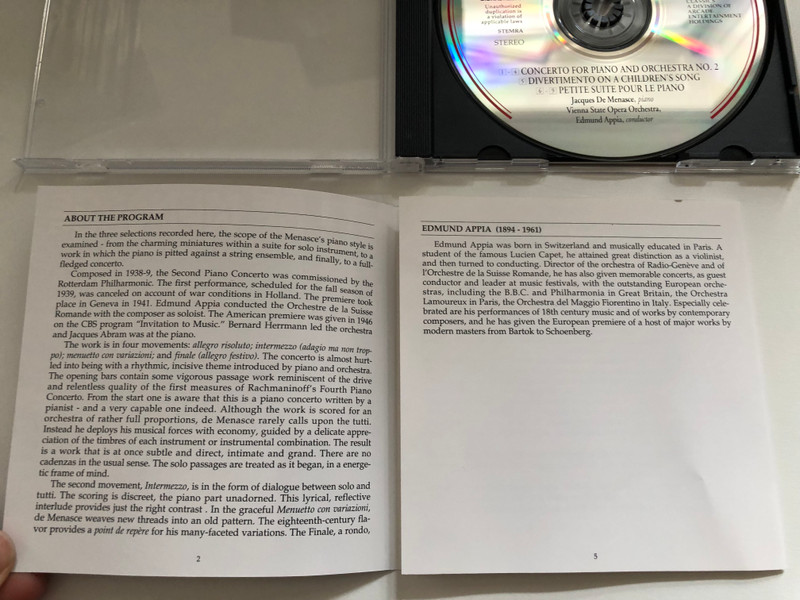Concerto for piano and orchestra No. 2; Divertimento On A Children's Song; Petite suite pour le piano - Jacques de Menasce (piano), Vienna State Opera Orchestra, Edmond Appia (conductor) / Vanguard Audio CD 1994 / 08 9196 71 (3351479196716) 
