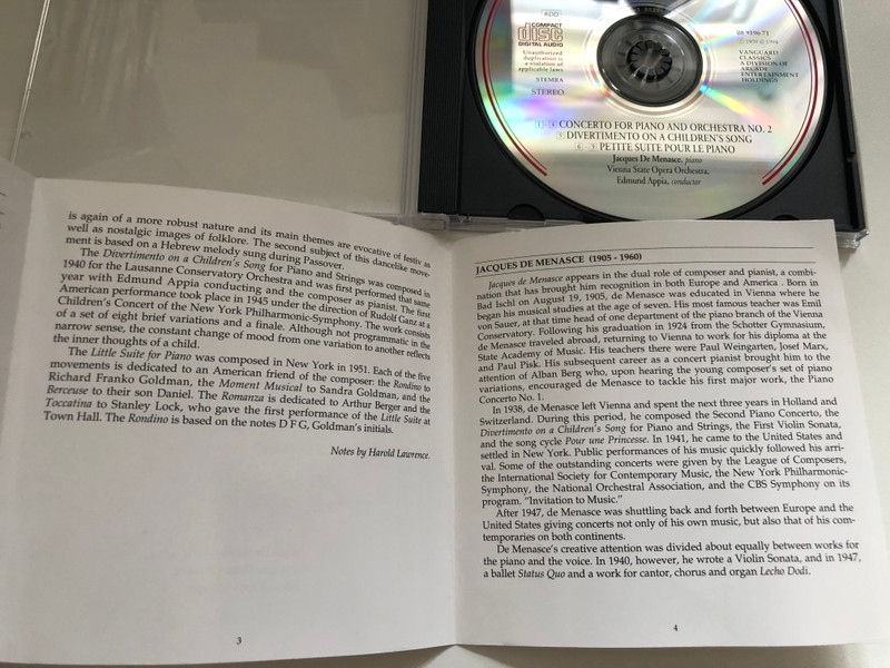 Concerto for piano and orchestra No. 2; Divertimento On A Children's Song; Petite suite pour le piano - Jacques de Menasce (piano), Vienna State Opera Orchestra, Edmond Appia (conductor) / Vanguard Audio CD 1994 / 08 9196 71