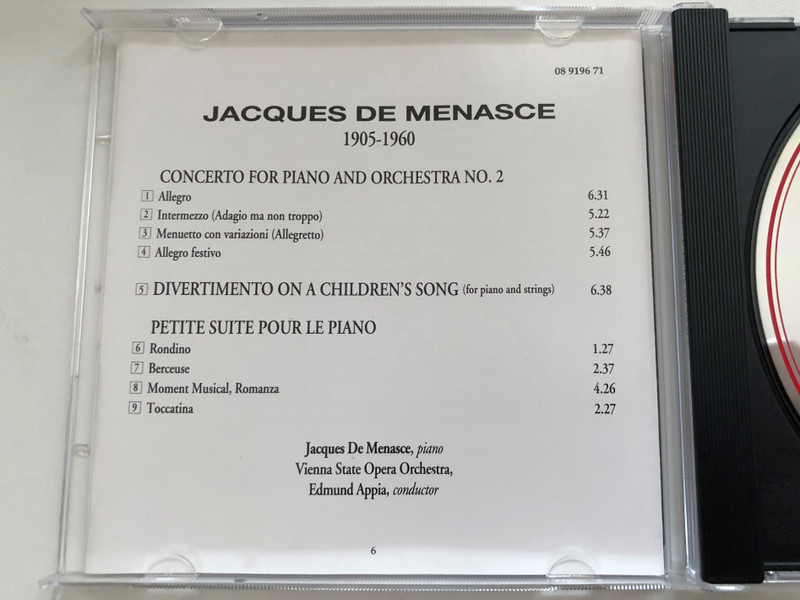 Concerto for piano and orchestra No. 2; Divertimento On A Children's Song; Petite suite pour le piano - Jacques de Menasce (piano), Vienna State Opera Orchestra, Edmond Appia (conductor) / Vanguard Audio CD 1994 / 08 9196 71