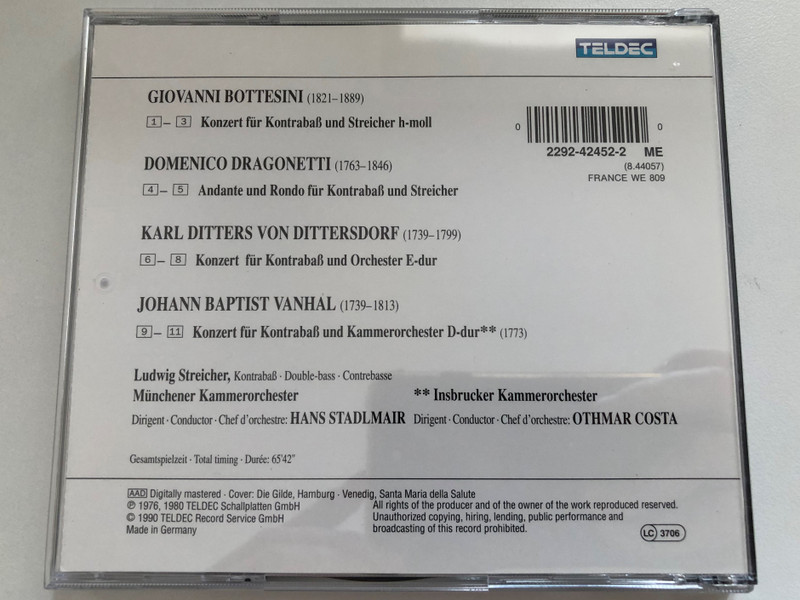 Bottesini, Dragonetti, Vanhal, Dittersdorf - Konzerte für Kontrabass - Ludwig Streicher, Hans Stadlmair, Othmar Costa / TELDEC Audio CD 1990 / 2292-42452-2