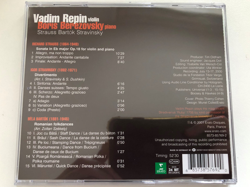 Vadim Repin, Boris Berezovsky – Strauss Bartok Stravinsky / Erato Audio CD 2001 / 8573-85769-2