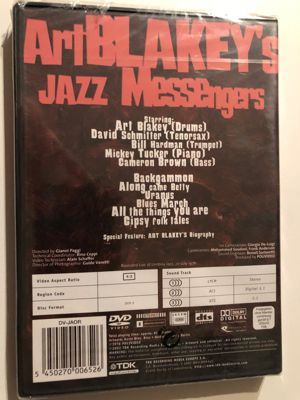 Jazz Messengers / Umbria Jazz Festival / TDK Jazz Club / Digital Remastered Historic Concert / Produced by Polivideo / Directed by Gianni Paggi / 2002 DVD (5450270006526)