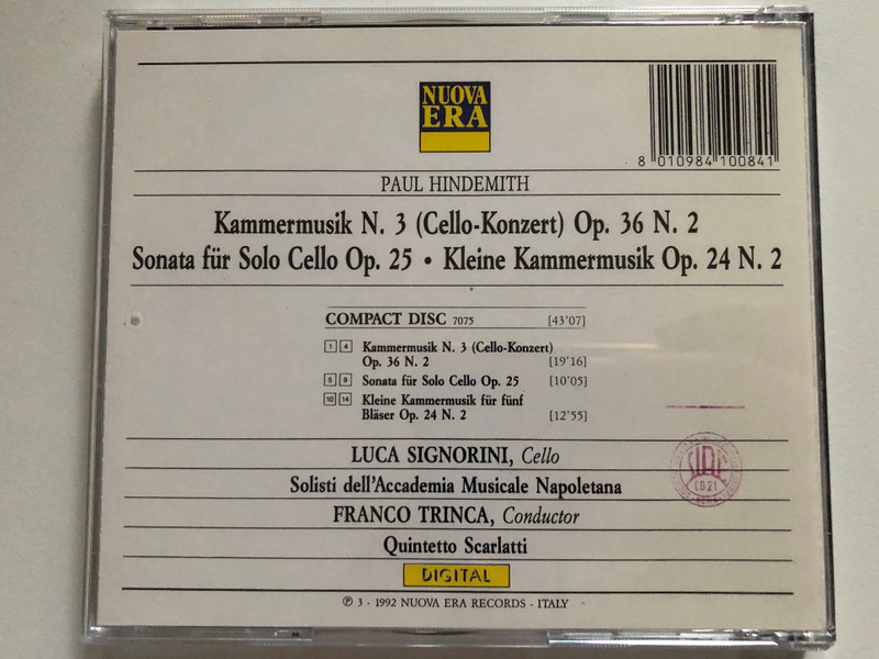 Paul Hindemith - Kammermusik N.3 (Cello-Konzert) Op.36 N.2; Sonata Für Solo Cello Op.25; Kleine Kammermusik fur funf Blaser Op. 24 N. 2 / Luca Signorini (cello) / NUOVA ERA Audio CD 1992 / 7075