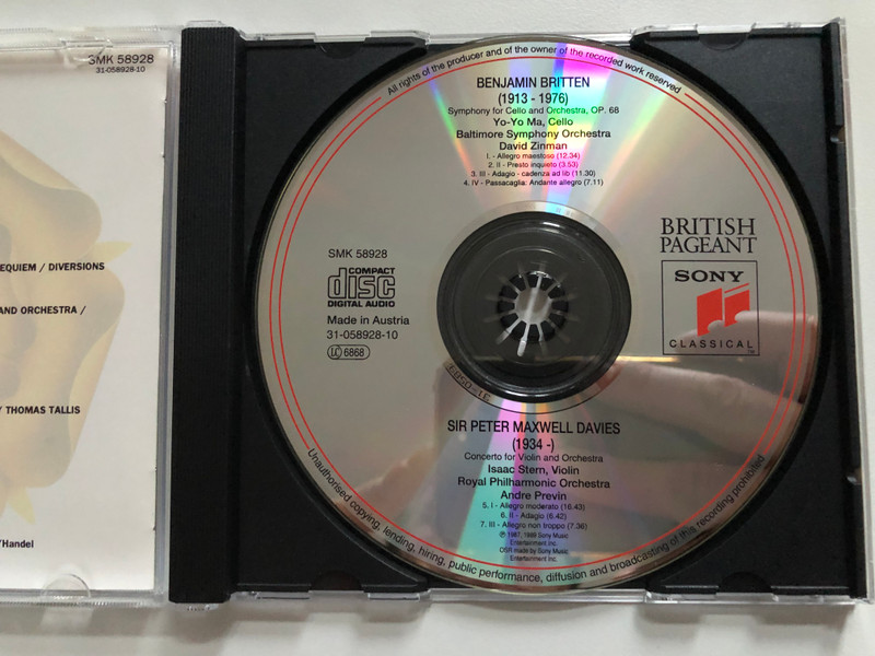 Britten - Symphony for cello and orchestra, op. 68 (Baltimore Symphony Orchestra, David Zinman, Yo-Yo Ma (cello); Maxwell Davies - Concerto For Violin And Orchestra (Royal Philharmonic Orchestra) / Sony Classical Audio CD 1993 / SMK 58928