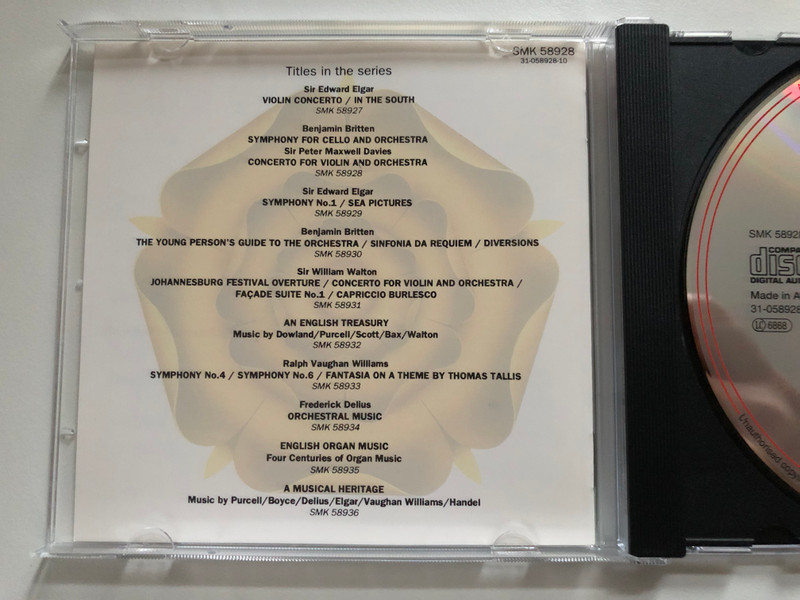 Britten - Symphony for cello and orchestra, op. 68 (Baltimore Symphony Orchestra, David Zinman, Yo-Yo Ma (cello); Maxwell Davies - Concerto For Violin And Orchestra (Royal Philharmonic Orchestra) / Sony Classical Audio CD 1993 / SMK 58928