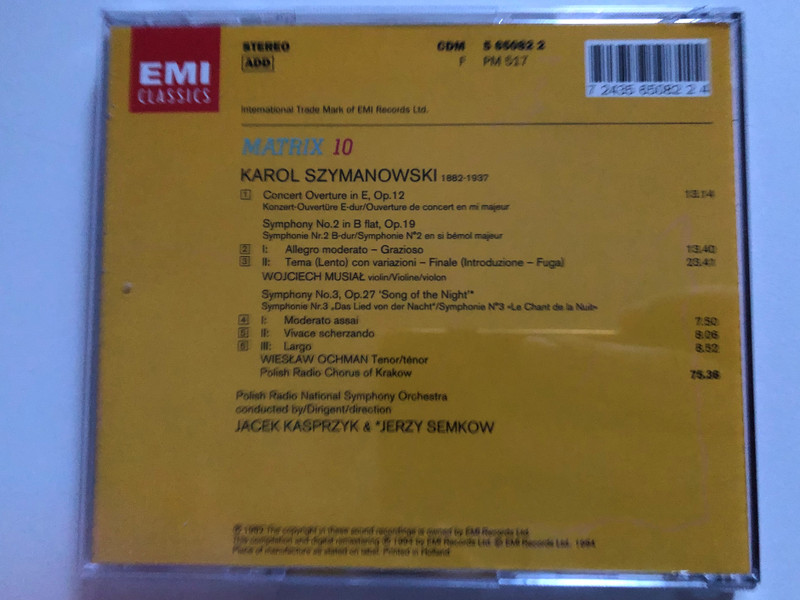 Szymanowski - Symphony No. 2, Symphony No. 3 'Song Of The Night', Concert Overture / Matrix 10 / EMI Classics Audio CD Stereo 1994 / 724356508224