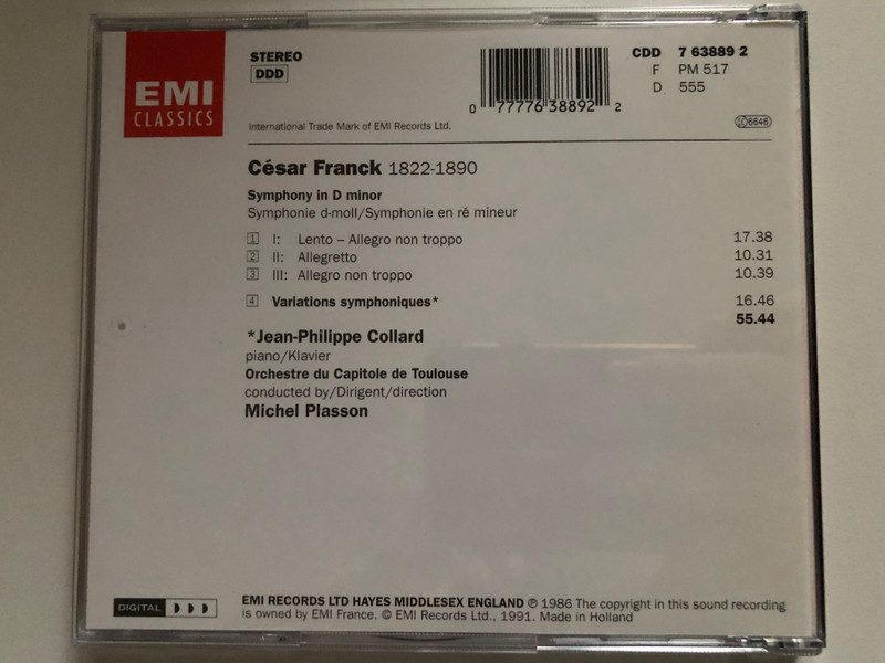Franck - Symphony In D Minor; Symphonic Variations - Jean-Philippe Collard, Orchestre National Du Capitole De Toulouse, Michel Plasson / EMI Classics Audio CD 1991 Stereo / CDD 7 63889 2 (077776388922)