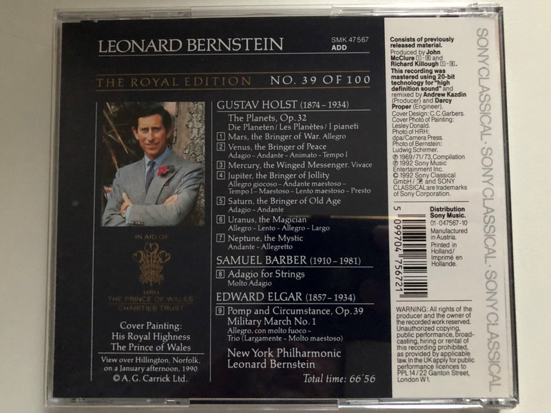 Leonard Bernstein - Holst: The Planets, Barber: Adagio For Strings, Elgar: Pomp And Circumstance Military March No. 1 - New York Philharmonic / The Royal Edition - NO. 39 OF 100 / Sony Classical Audio CD 1992 / SMK 47567 