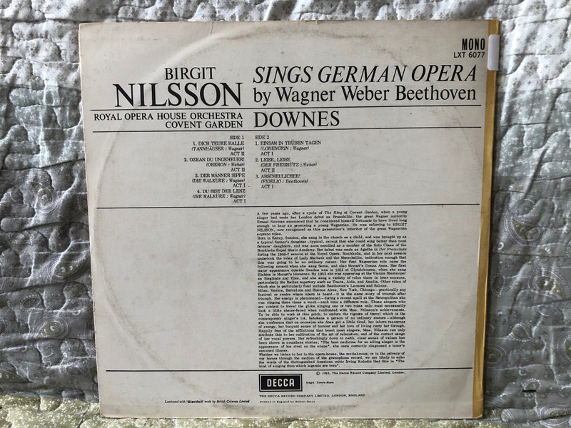 Birgit Nilsson Sings German Opera by Wagner Weber Beethoven / Royal Opera House Orchestra Covent Garden, Downes / Decca LP Mono 1963 / LXT 6077