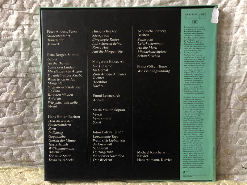 Hans Pfitzner: Lieder In Dokumentarischen Aufnahmen - Michael Raucheisen (klavier) / Erna Berger, Margarete Klose, Emmi Leisner, Maria Müller, Peter Anders, Hans Hotter, Julius Patzak, Arno Schellenberg / Acanta 3x LP 1985 / 40.23 532