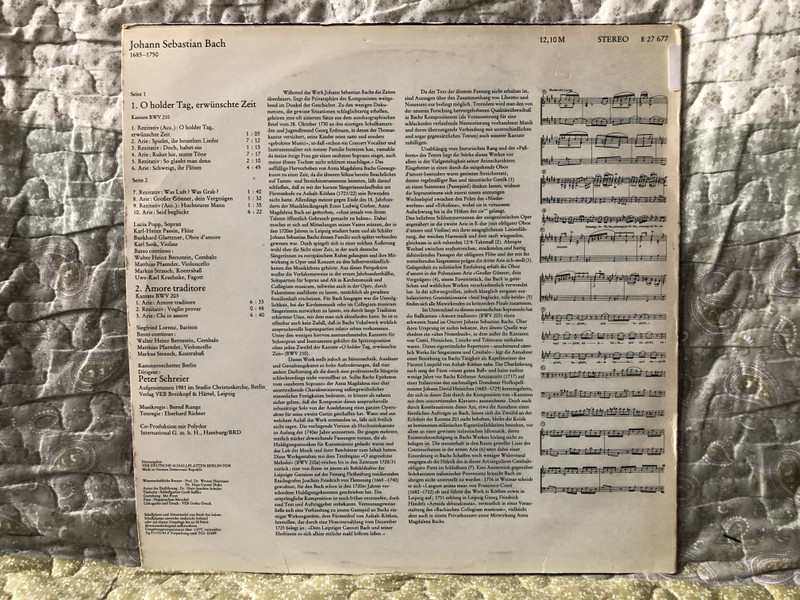 Bach - O Holder Tag, Erwünschte Zeit. Kantate BWV 210; Amore Traditore. Kantate BWV 203 / Lucia Popp, Siegfried Lorenz, Kammerorchester Berlin, Peter Screier / ETERNA Edition / ETERNA LP Stereo 1984 / 8 27 677 