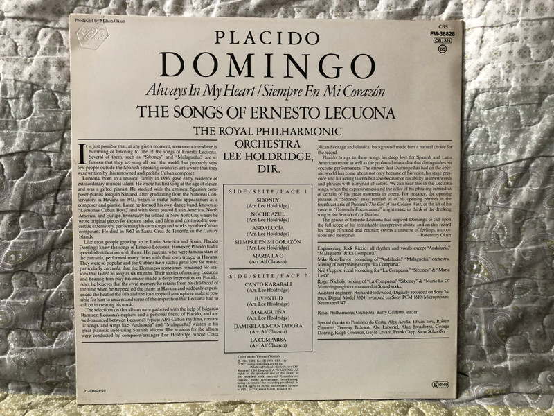 Domingo: Always In My Heart = Siempre En Mi Corazón - The Songs Of Ernesto Lecuona / CBS LP 1984 / FM-38828