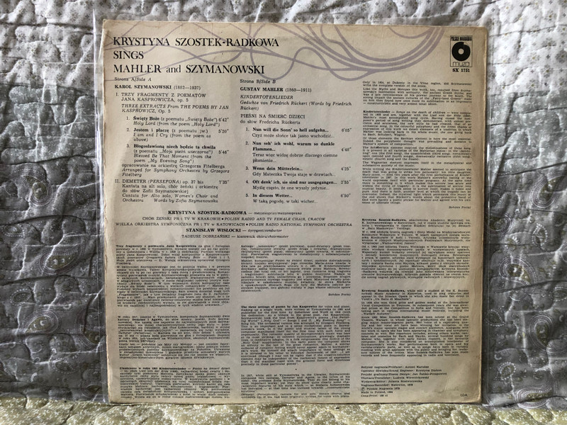 Krystyna Szostek-Radkowa Sings Mahler And Szymanowski / Polskie Nagrania Muza LP 1984 / SX 1751