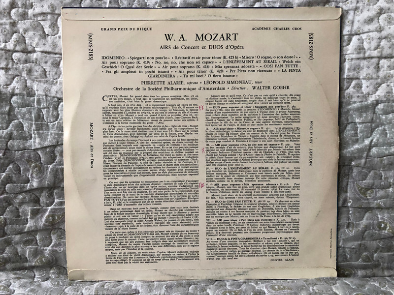 Mozart: Airs De Concert Duos D'Opera - Pierrette Alarie (soprano), Leopold Simoneau (tenor), Orchester Der Philharmonique d'Amsterdam, Direction: Walter Goehr / Grand Prix Du Disque / Musical Masterpiece Society LP / MMS-2183