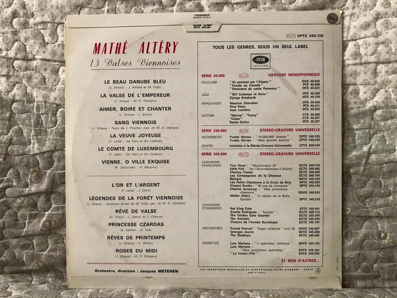 Mathé Altéry – 13 Valses Viennoises / Le Beau Danube Bleu; La Valse de L'empereur; Aimer, Boire et Chanter; Sang Viennois; La Veuve Joyeuse; Le Comte De Luxembourg; Vienne, O Ville Exquise; L'or Et L'argent / Pathé LP Stereo / SPTX 340 136