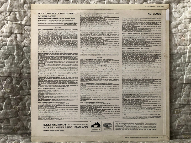 Fischer-Dieskau sings An Die Musik and other popular Schubert Songs including Der Wanderer, Die Taubenpost, AnSylvia, Im Frühling, Auf Der Bruck - Gerald Moore (piano) / HMV Concert Classics / His Master's Voice LP / XLP 30095