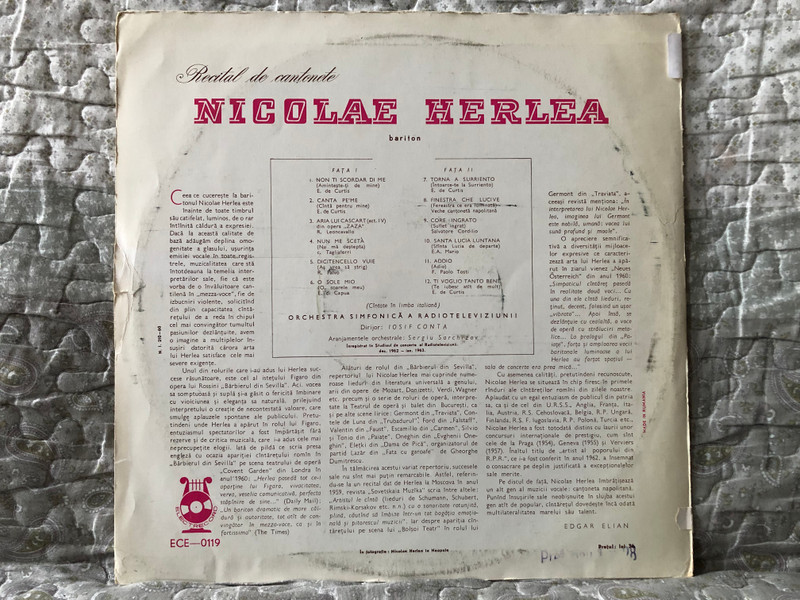 Nicolae Herlea – Recital De Canţonete / Electrecord LP / ECE-0119