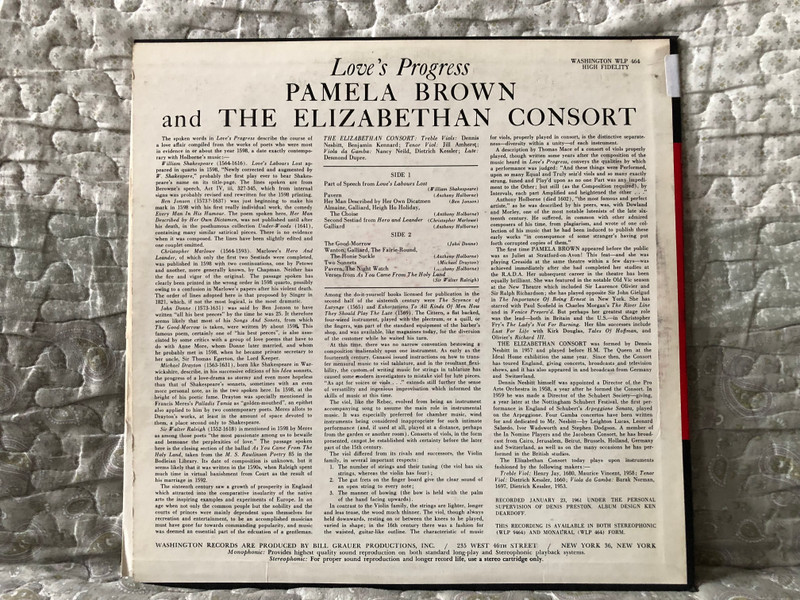 Pamela Brown and The Elizabethan Consort – Love's Progress / Washington Records LP / WLP 464