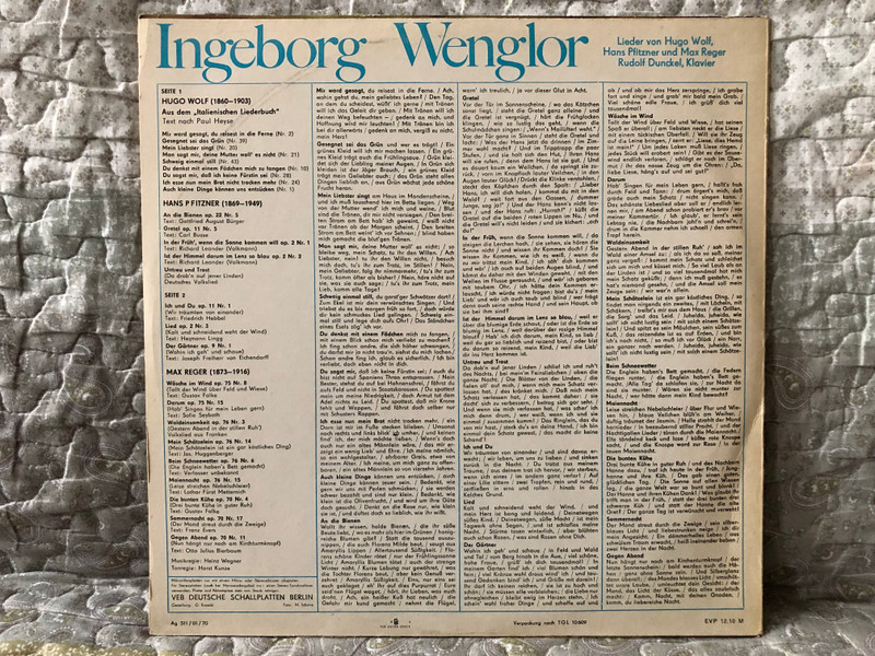 Ingeborg Wenglor - Lieder von Hugo Wolf, Max Reger, Hans Pfitzner - Rudolf Dunckel (klavier) / ETERNA LP Stereo 1970 / 8 25 654