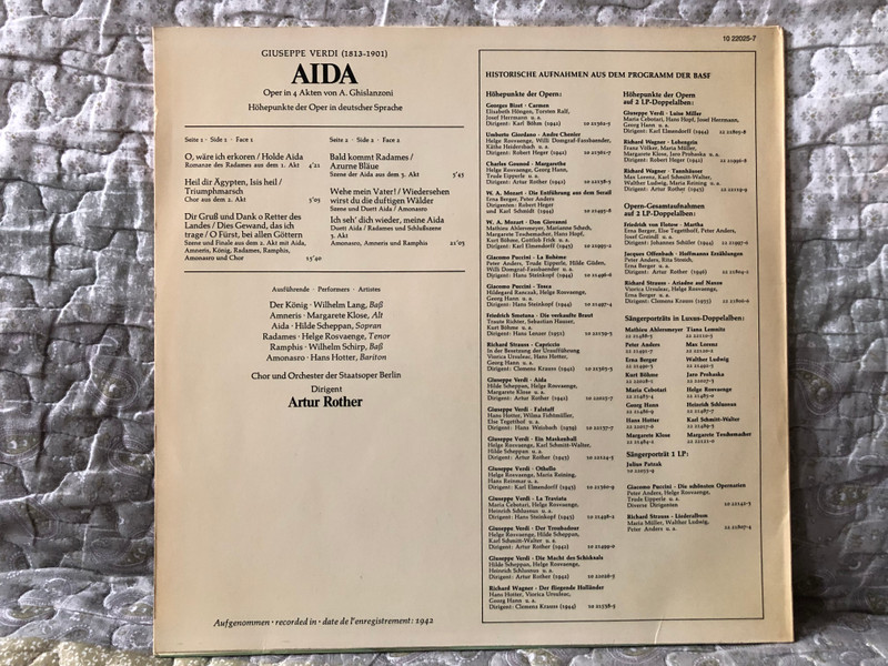Giuseppe Verdi: Aida (Höhepunkte Der Oper In Deutscher Sprache) - Hilde Scheppan, Margarete Klose, Helge Roswaenge, Hans Hotter, Chor Und Orchester Der Staatsoper Berlin, Dirigent: Artur Rother / BASF LP / 10 22025-7