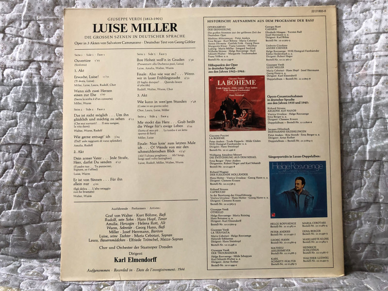 Giuseppe Verdi: Luise Miller - Maria Cebotari, Hans Hopf, Josef Herrmann, Helena Rott, Elfride Trötschel, Georg Hann, Kurt Böhme, Chor Und Orchester Der Staatsoper Dresden, Dirigent: Karl Elmendorff / BASF 2x LP / 22 21805-8