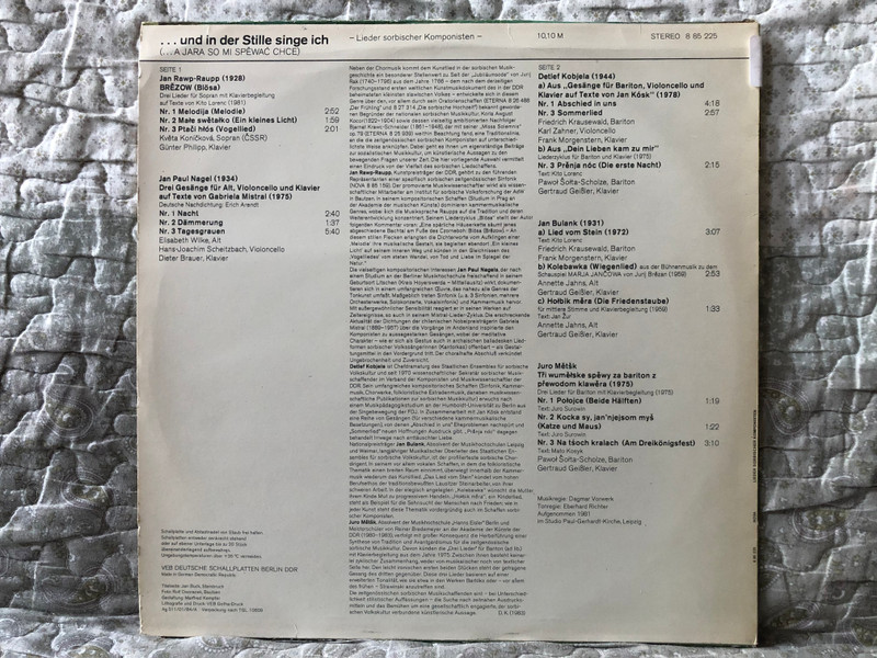...Und In Der Stille Singe Ich (...A Jara So Mi Spěwać Chce) - Lieder Sorbischer Komponisten / NOVA LP 1984 Stereo / 8 85 225 