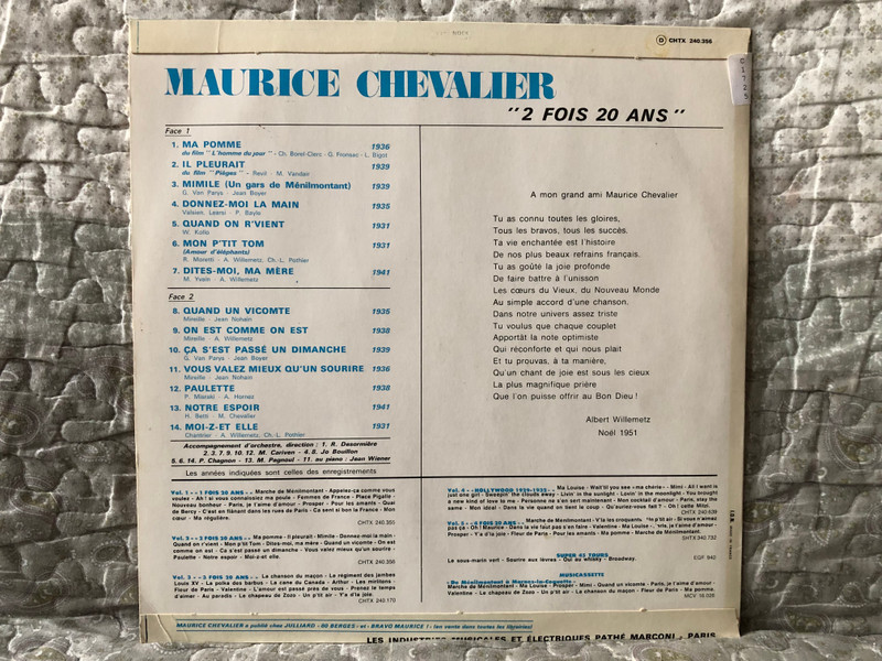 Maurice Chevalier – 2 Fois 20 Ans / Ma Pomme; Il Pleurait; Mimile; Donnez-Moi La Main; Quand On R'vient; Mon P'tit Tom; Dites-Moi, Ma Mère; Quand Un Vicomte; On Est Comme On Est / EMI LP Stereo / CHTX 240.356