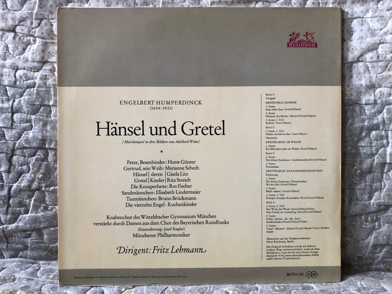 Engelbert Humperdinck: Hänsel Und Gretel (Gesamtaufnahme) - Marianne Schech, Gisela Litz, Rita Streich, Horst Günter, Münchner Philharmoniker, Dirigent: Fritz Lehmann / Heliodor 2x LP / 89 751/52