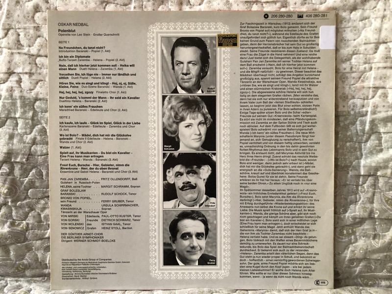 Oskar Nedbal: Polenblut - Margit Schramm, Rudolf Schock / Solang's noch solche Frauen gibt; Glück Im Spiel, Glück In Der Liebe; Mädel, Dich Hat Mir Die Glücksfee Gebracht; Ihr Seid Ein Kavalier / Ariola LP / 206 280-280