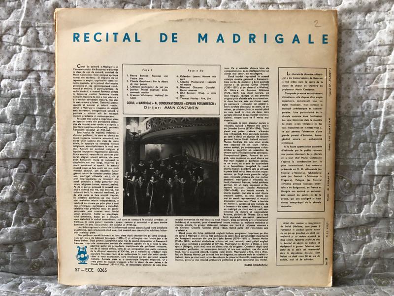 Madrigale - Bonnet; Goudimel; Jannequin; Gallus; Widmann; Lassus; Monteverdi; Gastoldi; Bennet; Morley / Electrecord LP Stereo / ST-ECE 0265