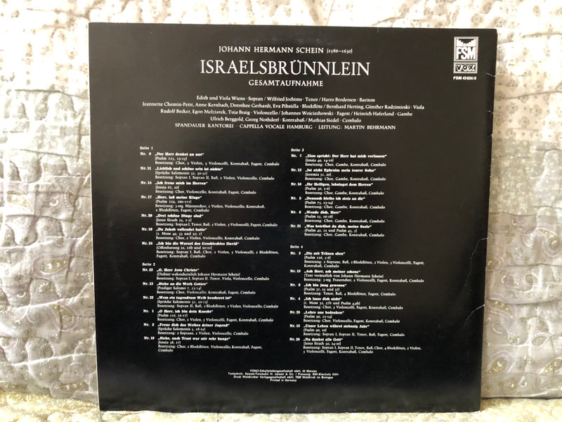 Schein: Israelsbrünnlein - Spandauer Kantorei, Berlin; Cappella Vocale, Hamburg; Martin Behrmann / FSM Vox 2x LP / FSM 43024/25