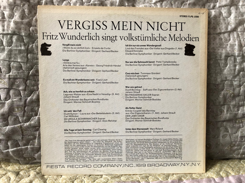 Fritz Wunderlich – Vergiss Mein Nicht singt volkstumliche Melodien / Vergiss Mein Nicht; Largo - Ombra mai fu); Es Muss Ein Wunderbares Sein; Ach, Wie So Herrlich Zu Schaun; Ich Setz' Den Fall; Alle Tage Ist Kein Sonntag / Fiesta LP Stereo / FLPS 1550