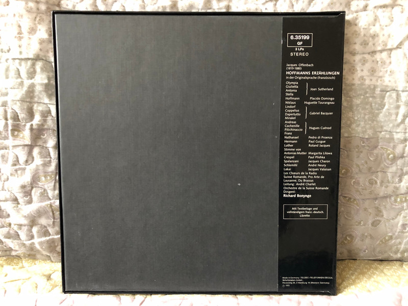 Jacques Offenbach: Hoffmanns Erzählungen - Joan Sutherland, Placido Domingo, Huguette Tourangeau, Gabriel Bacquier, Orchestre De La Suisse Romande, Richard Bonynge / Decca 3x LP, Box Set 1972 Stereo / 6.35199 GF