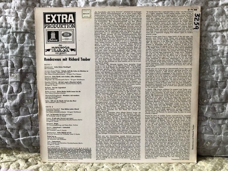 Rendezvous Mit Richard Tauber / Liebe Kleine Nachtigall; Schade, Dass Die Liebe Ein Marchen Ist; Gute Nacht, Mein Holdes, Susses Madchen; Ich Hab' Amal A Rauscherl G'habt; Aus Der Jugendzeit; Deine Mutter Bleibt Immer Bei Dir / Odeon LP / O 74 208