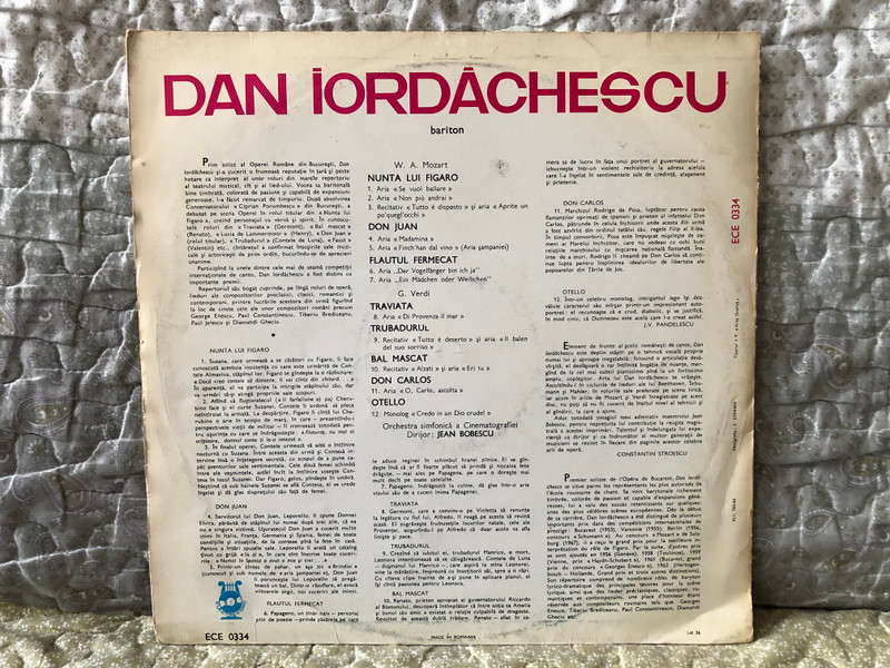 Dan Iordăchescu – Arii Din Opere De Mozart Și Verdi / Electrecord LP / ECE 0334