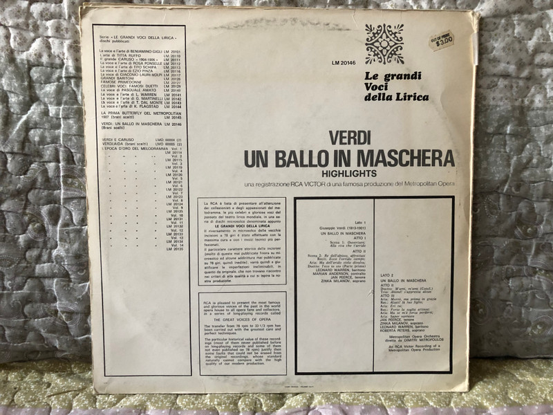 Verdi – Un Ballo In Maschera Highlights - La grandi Voci della Lirica / Zinka Milanov, Jan Peerce, Leonard Warren, Marian Anderson, Roberta Peters, Dimitri Mitropoulos / RCA LP / LM 20146