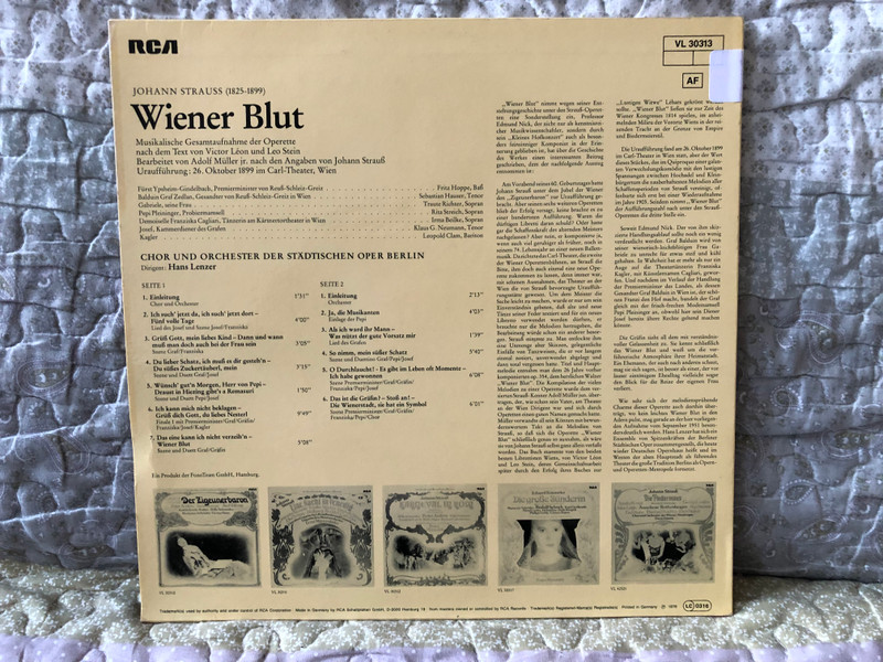 Johann Strauß: Wiener Blut - Irma Beilke, Rita Streich, Traute Richter, Sebastian Hauser, Fritz Hoppe, u. a., Chor und Orchester der Staditschen Oper Berlin, Hans Lenzer / Die Operette Und Ihre Goldenen Stimmen / RCA LP 1978 / VL 30313 AF