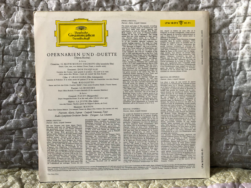 Pierrette Alarie (sopran), Leopold Simoneau (tenor) - Opernarien Und -duette (Opera-Recital) - Radio-Symphonie-Orchester Berlin, Dirigent: Lee Schaenen / Deutsche Grammophon LP / LPM 18 593