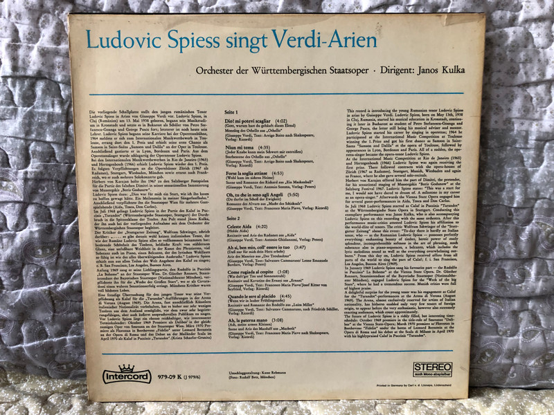 Ludovic Spiess Singt Verdi-Arien - Orchester der Württembergischen Staatsoper, Dirigent: Janos Kulka / Intercord LP Stereo / 979-09 K