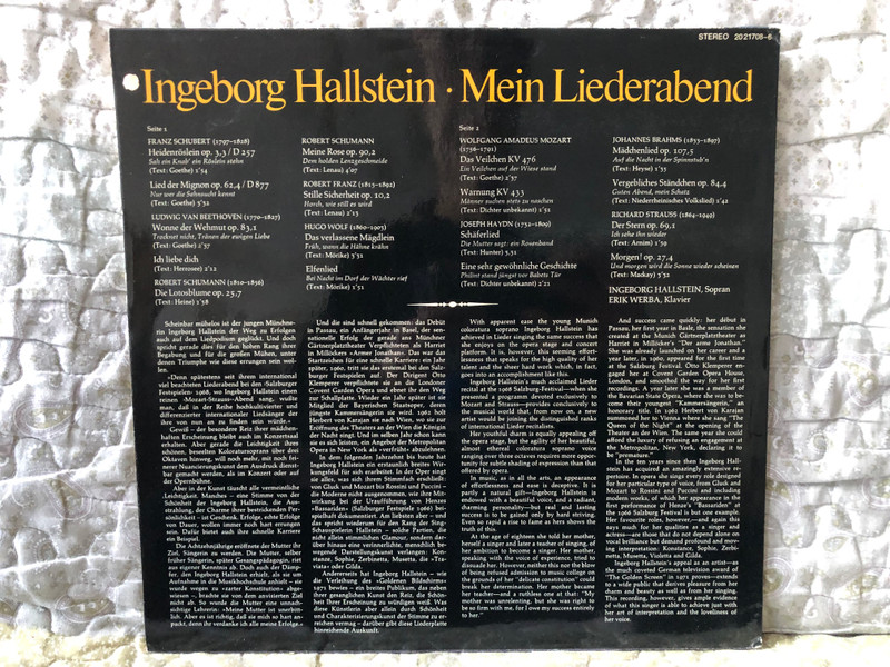Ingeborg Hallstein: Mein Liederabend - Haydn, Mozart, Beethoven, Schubert, Schumann, Brahms, Franz, Wolf, Strauss - Erik Werba (klavier) / BASF LP Stereo / 20 21708-6
