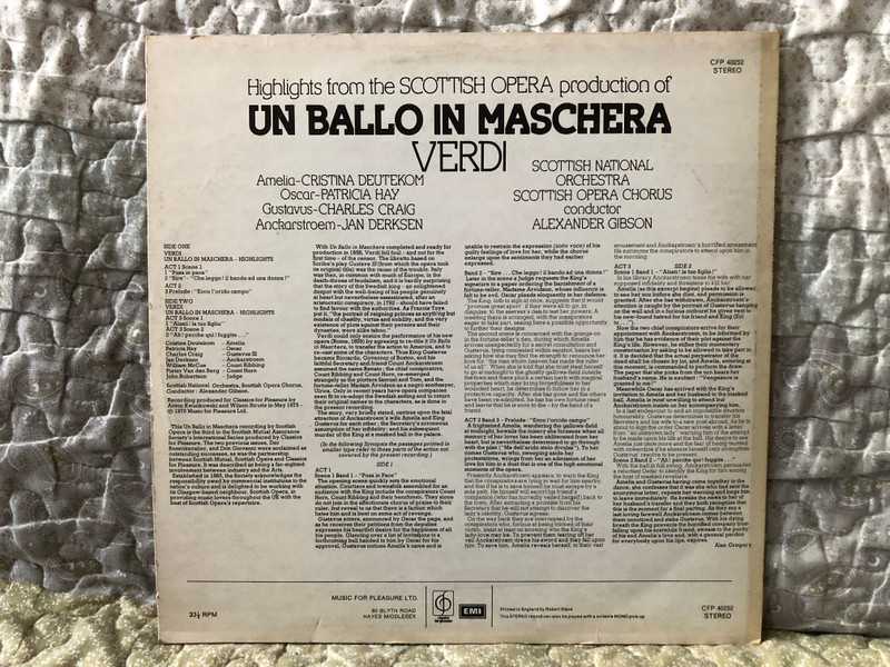 Highlights From The Scottish Opera Production Of Un Ballo In Maschera - Verdi / Scottish National Orchestra, Scottish Opera Chorus, Conductor: Alexander Gibson / Classics For Pleasure LP Stereo / CFP 40252