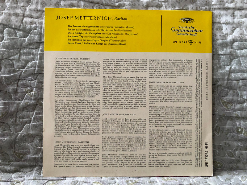 Josef Metternich (Bariton) - Mozart, Rossini, Meyerbeer, Marschner, Tschaikowsky, Bizet / Deutsche Grammophon Gesellschaft Literarisches Archiv LP / LPE 17095 