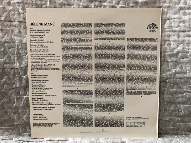 Hélène Mané (soprano), Zuzana Růžičková (harpsichord) – Bach; Handel; Scarlatti; Pergolesi; Martini; a. o. / Supraphon LP 1980 Stereo / 1112 2797