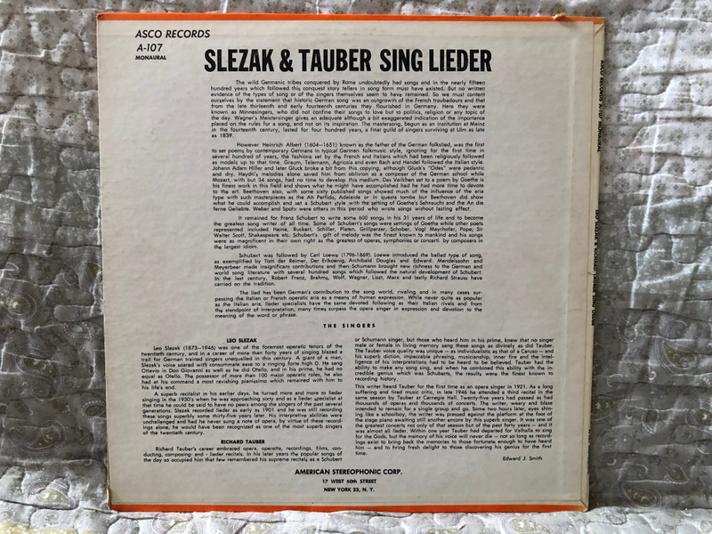 Leo Slezak & Richard Tauber Sing Lieder / Asco Records LP Mono / A-107