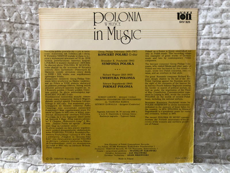 Polonia In Music = Polonia W Muzyce - Telemann, Wagner, Bogusławski, Przybylski / Veriton LP 1985 / SXV 925 