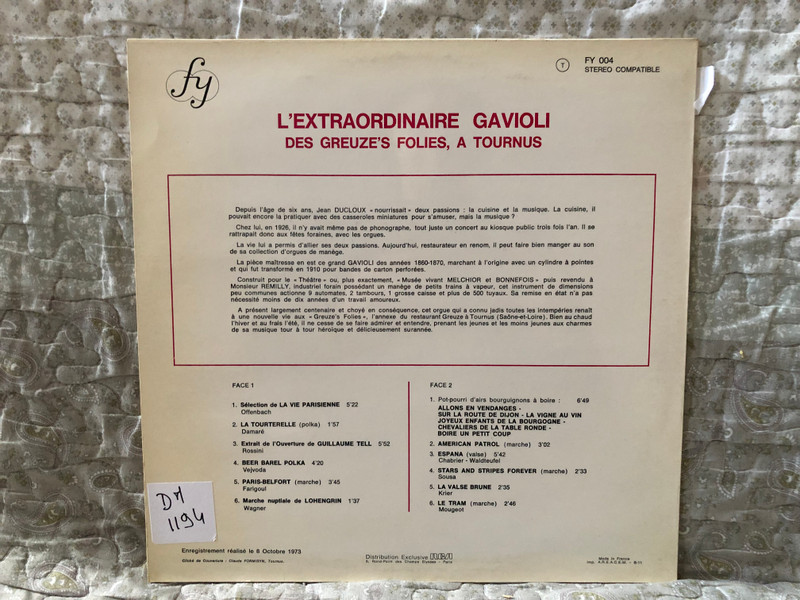 L'Extraordinaire Gavioli Des Greuze's Folies à Tournus / FY LP Stereo / FY 004