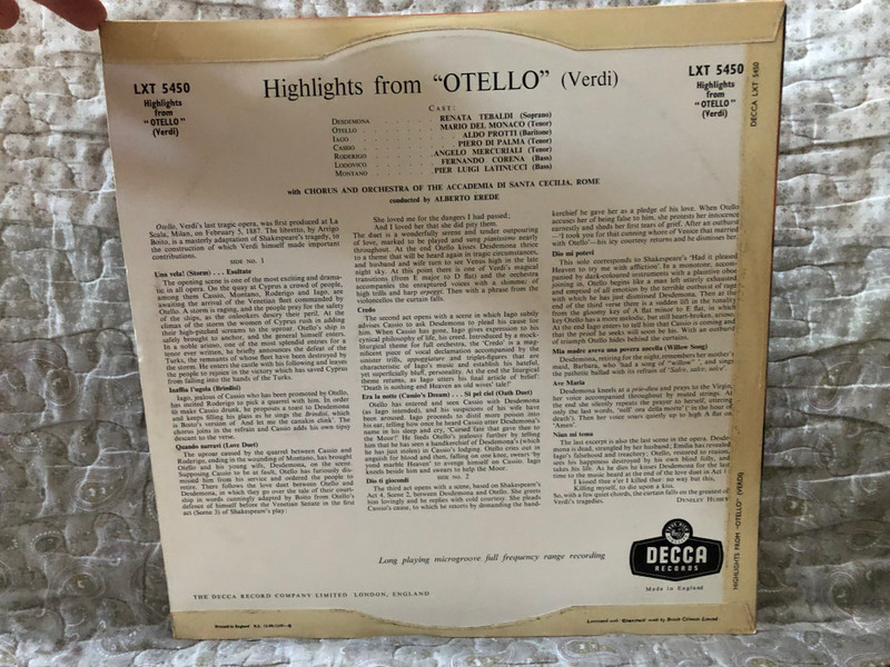 Verdi: Highlights From "Otello" - Del Monaco, Tebaldi, Protti / Decca LP / LXT 5450