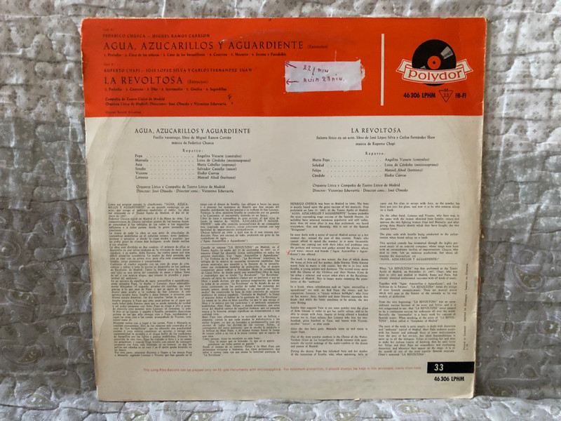 Federico Chueca, Miguel Ramos Carrión - Agua, Azucarillos Y Aguardiente; Ruperto Chapí, José López Silva y Carlos Fernández Shaw - La Revoltosa / Orquesta Lírica De Madrid, Directores: Jose Olmedo / Polydor LP / 46 306 LPHM