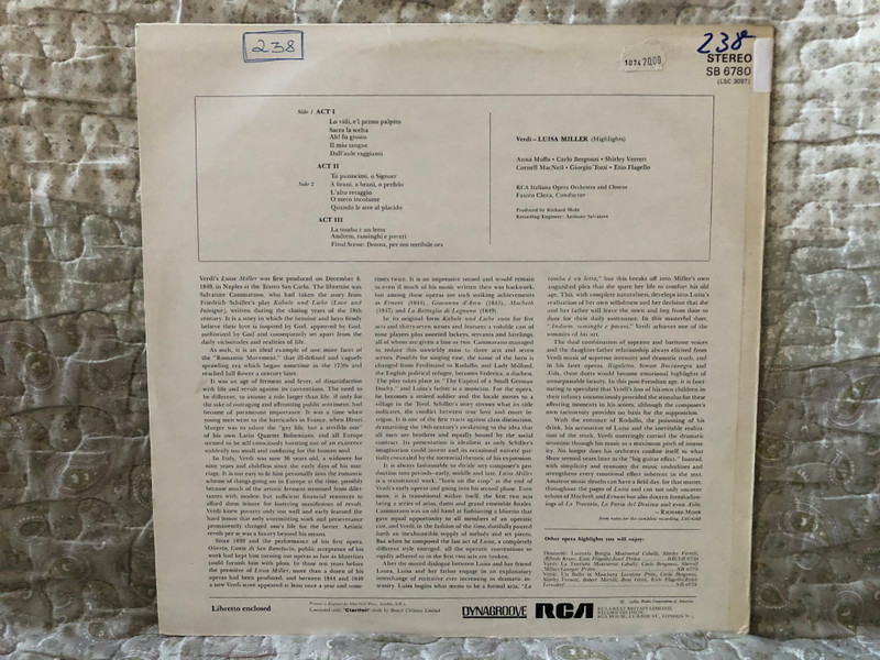 Highlights From Verdi's Luisa Miller - Moffo, Bergonzi, Verrett, MacNeil, Tozzi, Flagello, RCA Italiana Opera Orchestra And Chorus, Fausto Cleva (conductor) / RCA Red Seal LP Stereo 1969 / SB 6780